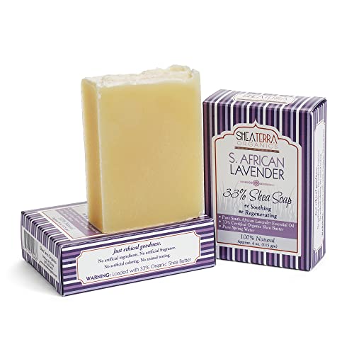 Shea Terra 33% Shea Butter Soap with S. African Lavender – All Natural, Emollient Soap Bar that Cleanses, Moisturizes, Soothes & Regenerates Skin – 4.5 oz