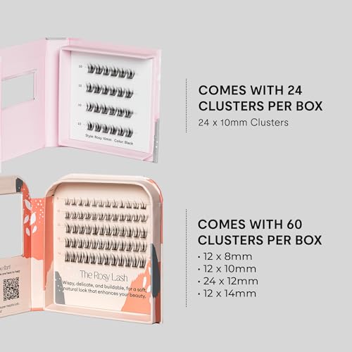 Silly George PopOn Lash 84 Cluster Pre-Glued Featherlight Bionic Silk 5 to 10 Day Wear Press-On Lash Bundle with 60 Pack MultiLength Plus 24 Pack Single Size Black Rosy 10mm