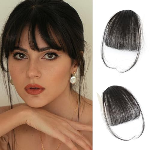 Human Hair Clip-In Bangs for Women - Wispy & Natural Look, Brown/Black