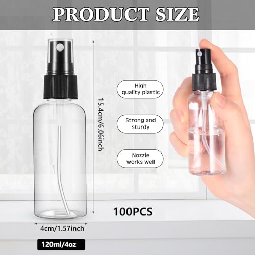 Kigley 100 Pcs Small Spray Bottle Bulk 4 oz Plastic Empty Mist Spray Bottles for Essential Oils Fine Mist Sprayer Reusable Refillable Portable Travel Containers for Perfume Cleaning Samples(Clear)