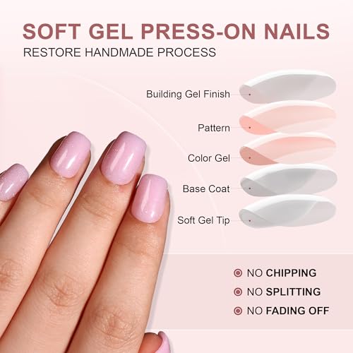 WAFOLOZE Press On Nails Short - Short Square Press On Nails, Pink Short Fake Nails with Nail Glue, Artificial Nails 16 Sizes - 32Pcs Reusable Soft Gel False Nails Tips Kit, Stick On Nails for Women