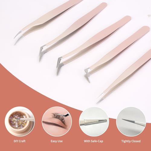 5 Pcs Eyelash Extension Tweezers Set - Straight & Curved Precision Lash Tweezers for Professionals & Beginners