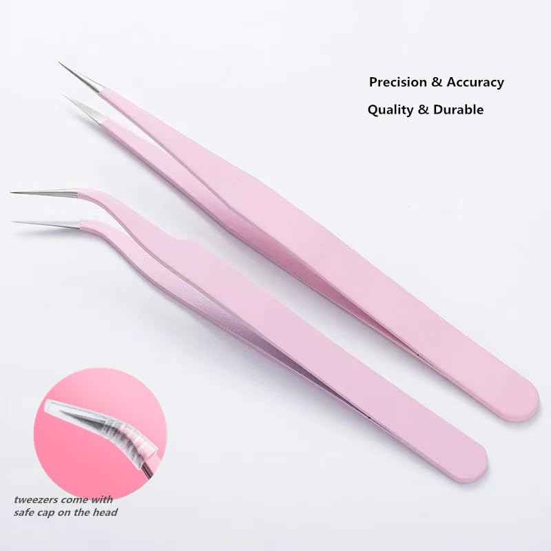 KLDKUST Stainless Steel Eyelash Extension Tweezers Straight and Curved Tip Eyelash Tweezers for Eyelash Extension Applications with Eyelash Brush (4PCS)