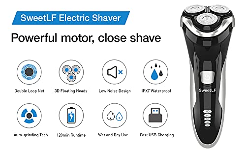 SweetLF Electric Shaver for Men Wet and Dry Waterproof Electric Razor Cordless 3D Rechargeable Rotary Shaver Razor for Men with Pop-up Trimmer, Black