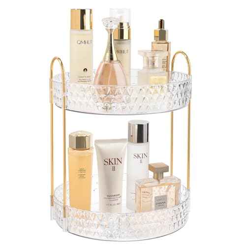 Rotating Makeup Organizer for Vanity, 2 Tier Perfume Skincare Storage for Women, Bathroom Counter Organizer, 360 Spinning Cosmetic Holder for Dresser Countertop, Clear