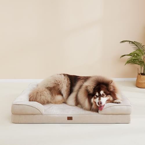 EHEYCIGA Orthopedic Dog Beds for Extra Large Dogs, Waterproof Memory Foam XL Dog Bed with Sides, Non-Slip Bottom and Egg-Crate Foam Big Dog Couch Bed with Washable Removable Cover, Beige