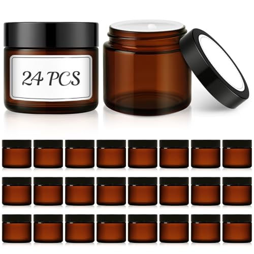 Bumobum 2 oz Small Glass Jars with Lids, 24 Pack Amber Glass Cosmetic Jars with Inner Liners, 60ml Round Empty Sample Containers for Lotion, Cream, Salve, Powders and Ointments Storage