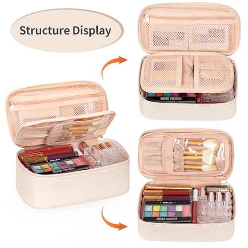 OCHEAL Small Makeup Bag,Portable Cute Makeup Pouch Travel Bag for Women and Girls with Makeup Brush Compartment Organizer cosmetics Bags-Beige