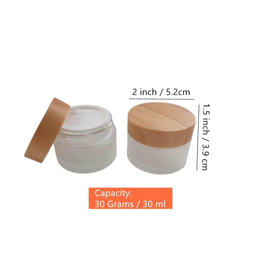 1 Oz Frosted Glass Cosmetic Containers with Wood Grain Lids, 30ml Travel Empty Makeup Jar Pot Box, Refillable Sample Jars for Lotion Face Cream Lip Balm Eyeshadow Storage (30 Grams, 6 Pack)