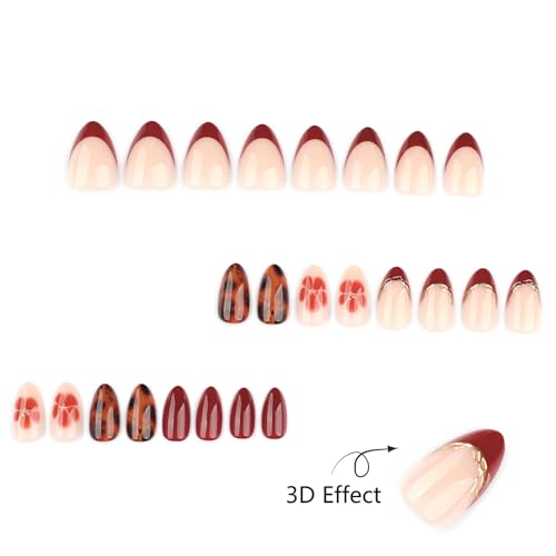 72-3D Burgundy French Gold Short Almond Press-On Nails - Tortoise Shell & Floral Design