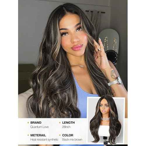Quantum Love Long Curly Wig for Women Long Wavy Middle Part Black Mix Brown Wigs 28Inch Natural Looking Synthetic Fashion Brown Color Hair for Cosplay Halloween Daily Party Use