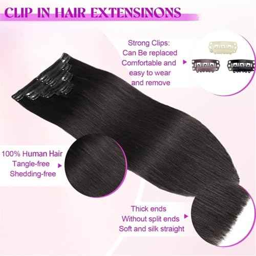 22INCH Clip In Hair Extensions Real Human Hair, Remy Human Hair Extensions 8PCS Long Soft Natural Hair piece 14-28 Inch Straight Hair Extension for Women(80g-120g 1B# Natural Black)