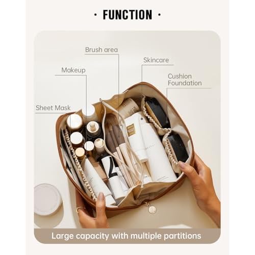 EACHY Travel Makeup Bag, Large Capacity Cosmetic Bag for Women, Waterproof PU Leather, Flat Open Portable Toiletry Bag for Skincare, Brushes & Travel Essentials