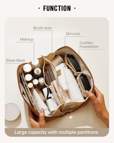EACHY Medium Travel Makeup Bag for Women - Brown PU Leather Cosmetic Organizer