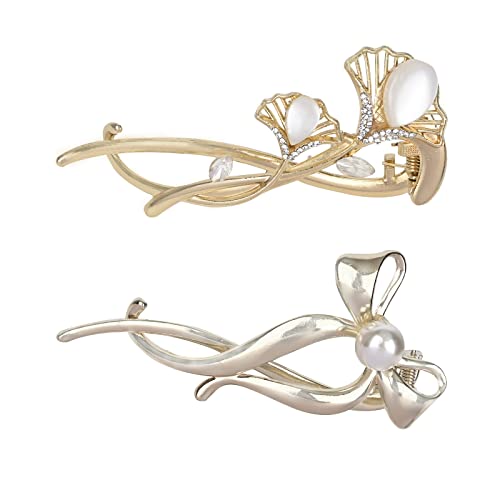 Yonchic 2-Piece Metal Hair Barrettes Clips, Simple Style Bow Pearl Hair Clip, Non Slip Elegant Retro Hair Claw for Thin/Medium Thick Hair, Trendy Multiple Shapes Aesthetic Hair Accessories