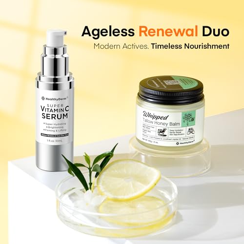 Super Vitamin C with Beef Tallow Honey Balm for Skin Duo ? with Peptides & Niacinamide for Face Wrinkles, Lifting, & Age Spots | Complete Anti-Aging Skincare Set for Restoring Radiance to Mature Skin