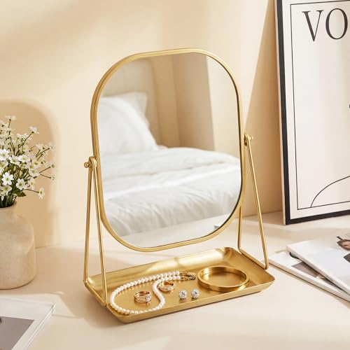 Nuanchu Gold Makeup Mirror with Jewelry Tray - 360° Rotating Vanity