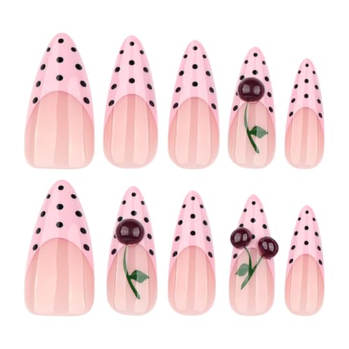 Pink Almond French Press-On Nails with 3D Cherry Design - 24 Pcs
