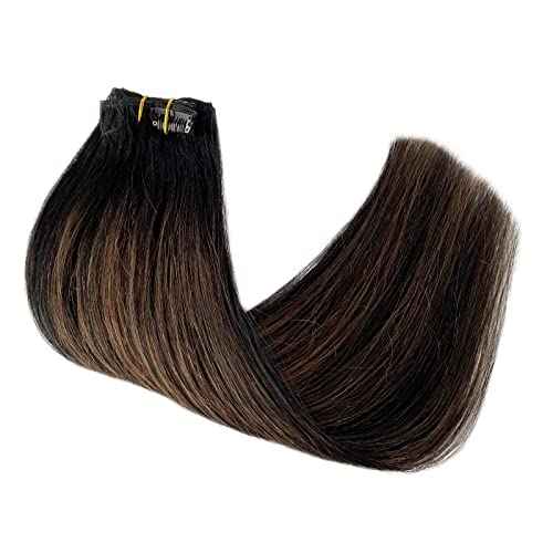 Hair Extensions Real Human Hair, Clip in Hair Extensions for Women 70g 5pcs Thick Straight Natural Black Highlights Brown Human Hair Clip in Extensions Seamless Remy Human Hair Extensions 22 Inch