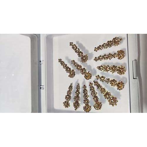 12 Bindi Box Long Crystal Bindis Bridal face Jewels Forehead Tika (With Extra Crystal Stones) | wedding makeup party event body art temporary tattoo Indian Bindi for women (Golden)