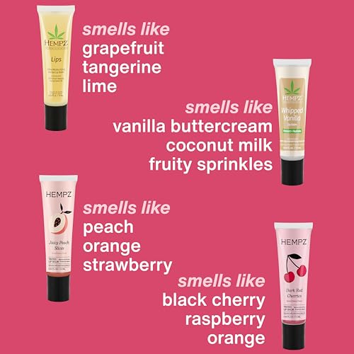 Hempz New Lip Balm Gift Set, Juicy Peach, Dark Red Cherries, Original and Whipped Vanilla, 4 Pack Set