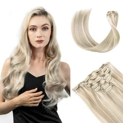 Clip in Hair Extensions Real Human Hair, Remy Hair Extensions Clip In Human Hair Thick and Silky, Ash Blonde Highlighted Platinum Blonde #P17A/60A 24Inch 120G 7PCS