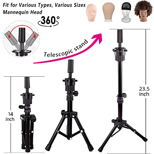 23 Inch Wig Head,Wig Stand Tripod with Head,Canvas Wig Head,Wig Head Stand with Mannequin Head for Wigs,Manikin Canvas Head Block Set for Wigs Making Display with Table Clamp, Wig Cap and T pins…