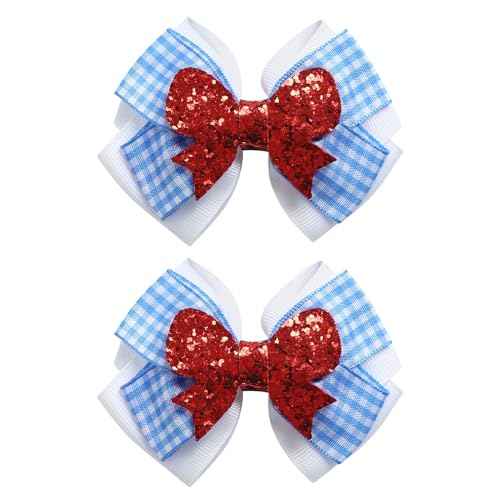 2PC Blue White Gingham Hair Bow Clips 3.5 Inch Checker Pigtail Bows Wizard Hair Accessories