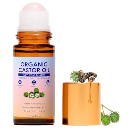 Organic Castor Oil with Rose Quartz Roller for Face & Eye Care – 1.7 Fl Oz