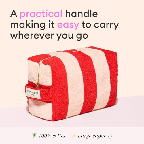 Manucurist Pink and Red Striped Terry Pouch ? Women¡¯s Travel Toiletry Bag ? Makeup Bag ? Vanity Case ? 100% Cotton ? Practical Handle & Zipper Closure - Travel Essentials