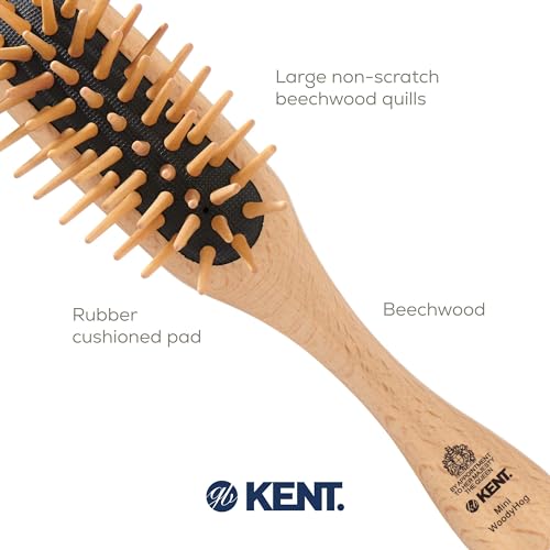 Kent KB MiniWoodyhog Travel Size Detangling Brush Beech-wood, Firm Rounded Wooden Bristles,Natural Cushion Detangler Wooden Hair Brush for Women Men and Kids Everyday Care,Made in England