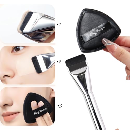 Korean Spatula Foundation Brush Set Ultra-Slim Flat Head Kabuki Brush Non-Absorbent Concealer Brush Foundation Brush for Blending Liquid, Cream or Flawless Makeup Application with 2 Puffs
