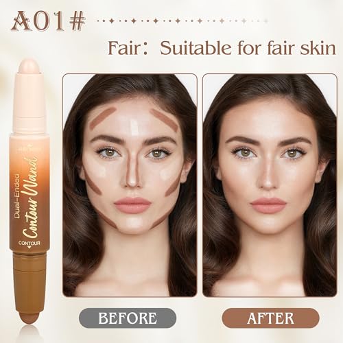 Contour Highlighter Stick£¬2-in-1 Dual-Ended Cream Bronzer & Highlighter Sticks Pen for Face Body Contouring Makeup- Buildable£¬Waterproof, Easy to Apply Suitable for Beginners£¬01Nuetral Nude + Beige