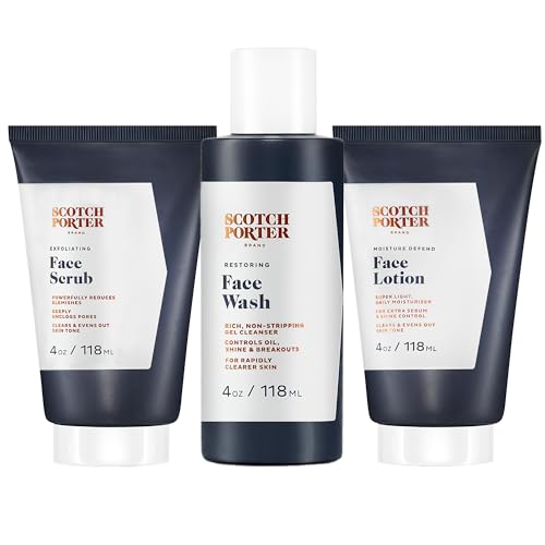 Scotch Porter Scotch Porter Men’s Face Care Collection – Exfoliate, Cleanse & Restore, & Moisturize & Defend Skin – Includes Face Wash, Facial Scrub & Face Lotion