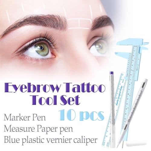Teling 10 Pcs Eyebrow Ruler tools set 2 Eyebrow Measuring Ruler kit 4 Microblading White Skin Marker Pen 4 Paper Permanent Makeup Position Mapping Mark Tools for Artists Skin
