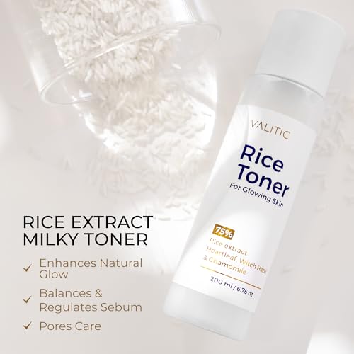 VALITIC Rice Toner - 75 Rice Extract Milky Toner for Face with Niacinamide, Heartleaf, Witch Hazel and Chamomile Essence - Facial Glass Skin Hydrating Skin Care - 200 ml, 6.76 fl oz