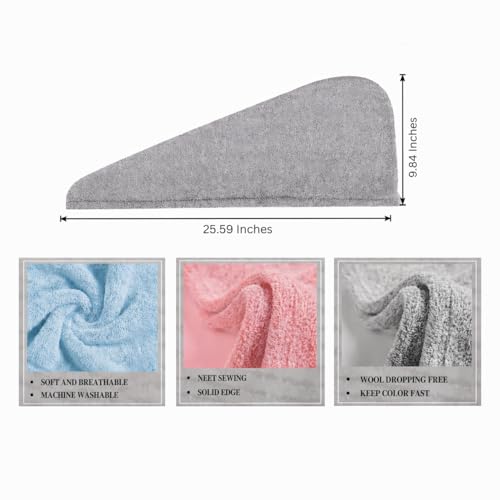KELVO Microfiber Hair Towel Wrap Pack of 3 - Pink Solid, Stripes & Checkered - Fast Dry, Anti-Frizz, Long & Thick Hair Turban