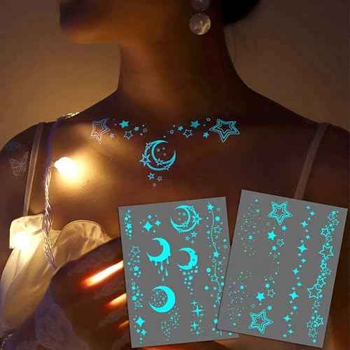 Blue Luminous Star Crescent Moon Temporary Tattoos For Women Clavicle Girls Adults Neck, 4 Sheets Sexy Lace Butterfly Planet Fake Necklace Glow In The Dark Tattoo Sticker, Night Glitter Party Supply