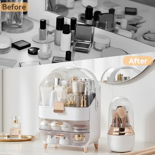 Large Capacity Makeup Organizer with Brush Holder & 2 Drawers - Rose Gold