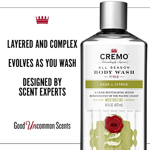 Cremo Rich-Lathering Sage & Citrus Body Wash for Men, A Revitalizing Combination of Bright Mandarin, Dry Herbs and White Cedar, 16 Fl Oz