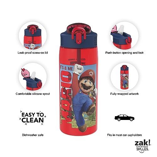 Zak Designs The Super Mario Bros. Movie Water Bottle For School or Travel, 25 oz Durable Plastic Water Bottle With Straw, Handle, and Leak-Proof, Pop-Up Spout Cover (Mario, Toad)