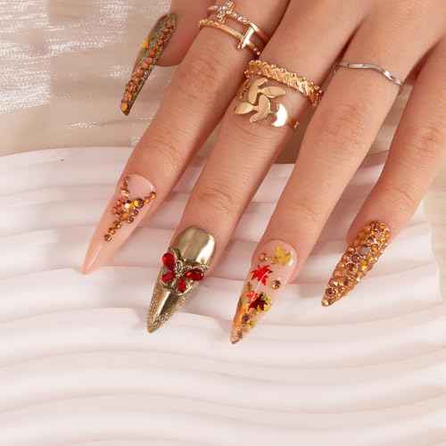 LOVFUL Press on Nails Luxurious Exquisite Autumn | Handmade with Full Covered Crystals | Reusable Full Cover Nails | Stiletto Classic Regular 1.3 in | H342-L