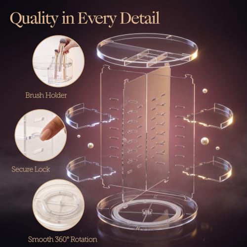 Masirs 360° Rotating Makeup Organizer - Adjustable Shelves, Clear