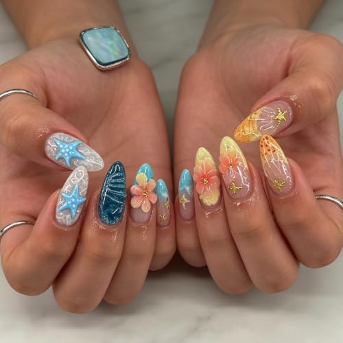 30Pc Medium Almond French Tip Press On Nails - Floral