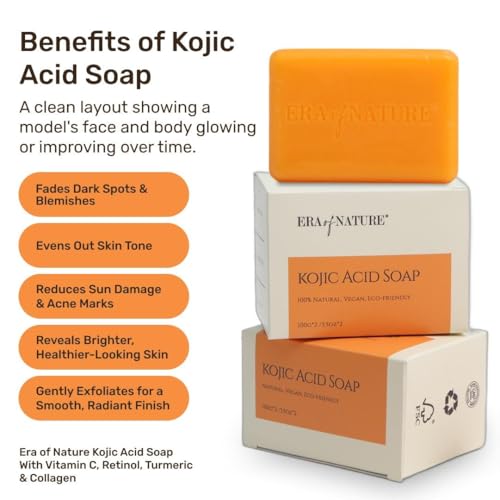 era of nature Turmeric Kojic Acid Soap with Vitamin C ? Gentle Brightening Bar for Face Underarms Bikini Area and Body ? Moisturizing Shea Butter ? 2 Pack 200g
