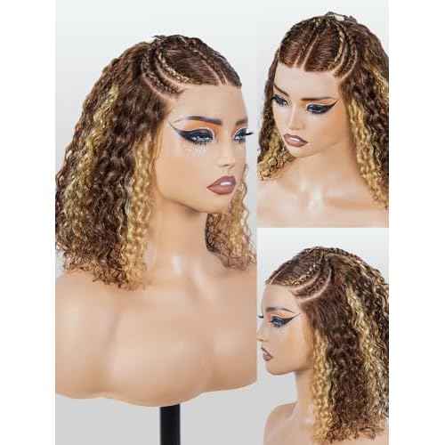 Ready to Go 13x4 Lace Front Wigs Human Hair Highlight 4/27 Braiding Curly Bob Wigs For Black Women Pre Plucked Pre Bleach Natural Hairline Water Wave Lace Front Wigs 200% Density 12 Inch