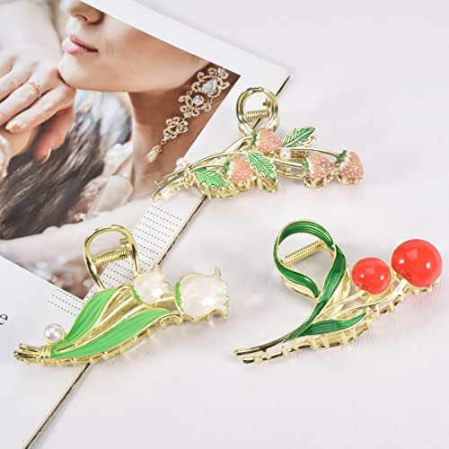 Yonchic 3-Piece Floral Metal Hair Accessories: Strawberry Cherry Tulip Barrettes, Elegant Strong Hold Non-Slip Clamps for Thin/Medium Thick Hair