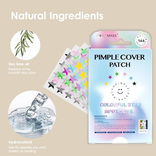 POINTMASS Star Pimple Patches: 6 Colors 144 Thickened Hydrocolloid Acne Patches Cute for Face and Skin Covering of Blemishes Zits etc. Acne Patches Contain Tea Tree Oil