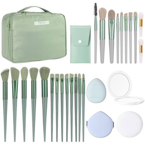 Paterr 28 Pcs Women Travel Makeup Set Makeup Bag with Makeup Brushes Premium Synthetic Brush and Mirror for Women Gift Travel Reusable Cosmetic(Sage Green)