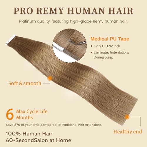 DNE Tape in Hair Extensions Real Human Hair 16inches 20Pcs/40g/Pack Seamless #M4/27Chocolate Brown to Honey Blonde Straight Invisible Double Sided Tape in Hair Extensions for Women/Girls